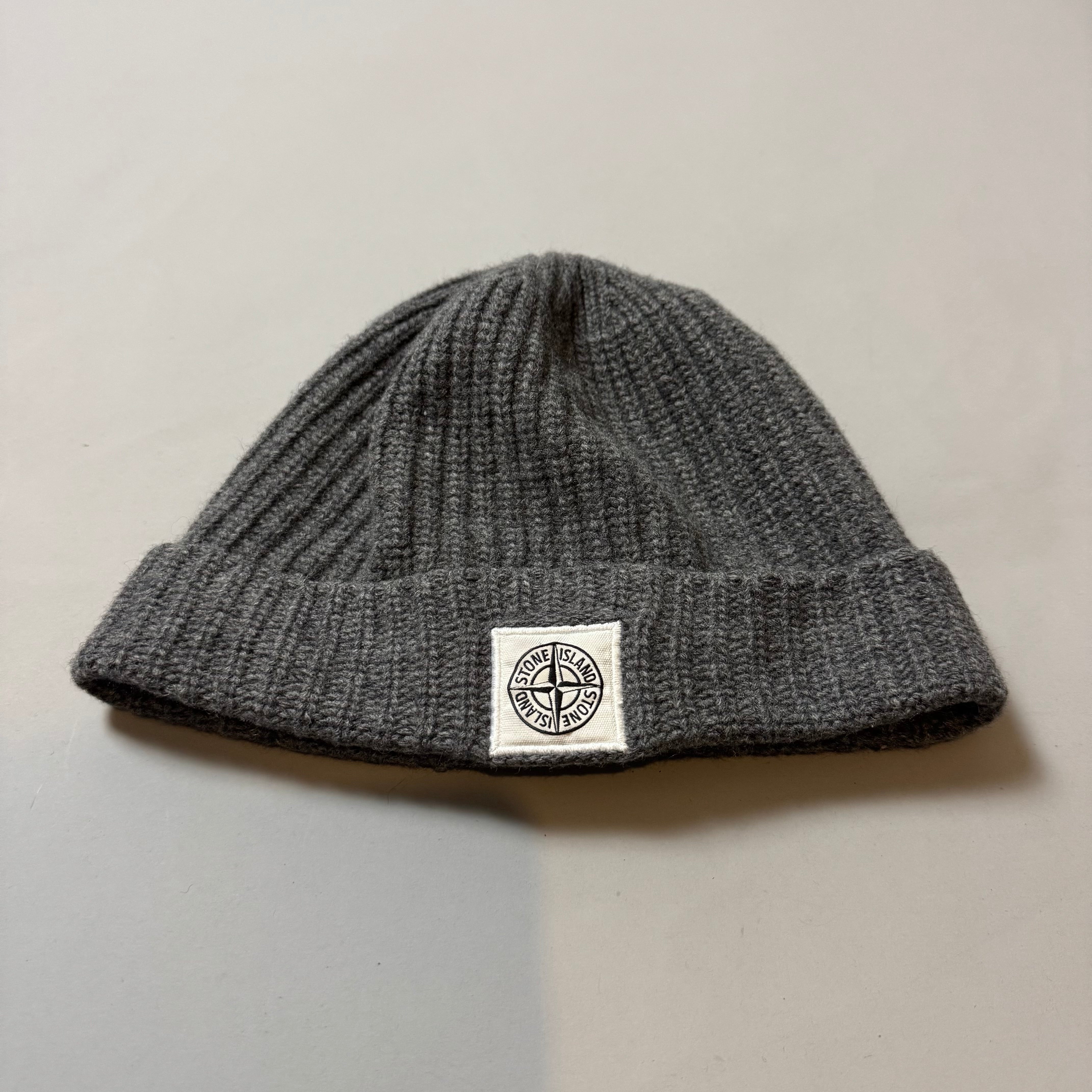 Stone Island Grey Ribbed Wool Patch Beanie
