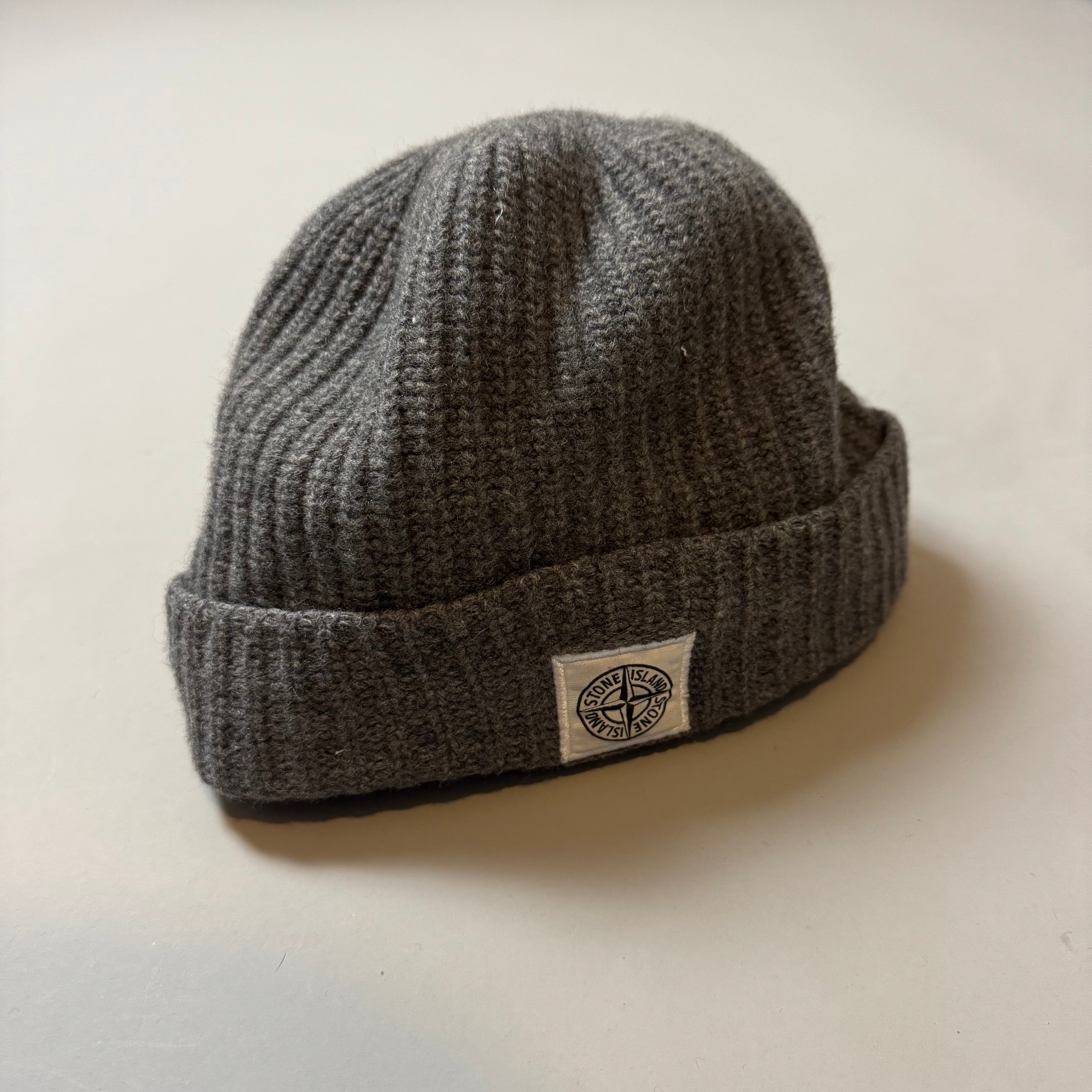 Stone Island Grey Ribbed Wool Patch Beanie