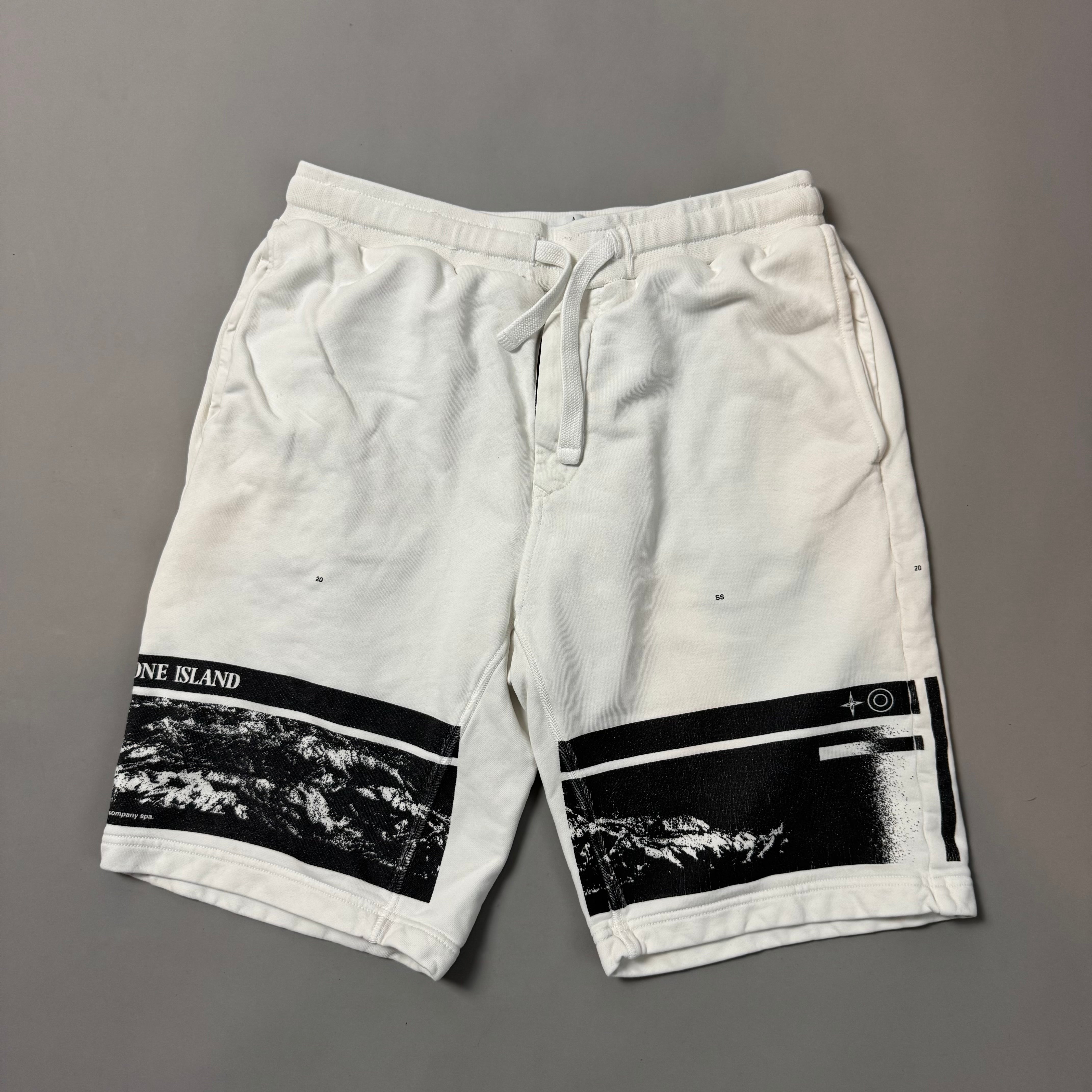 Stone Island White Graphic Shorts - Small